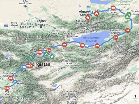 Routekaartje Kirgizië Kazachstan